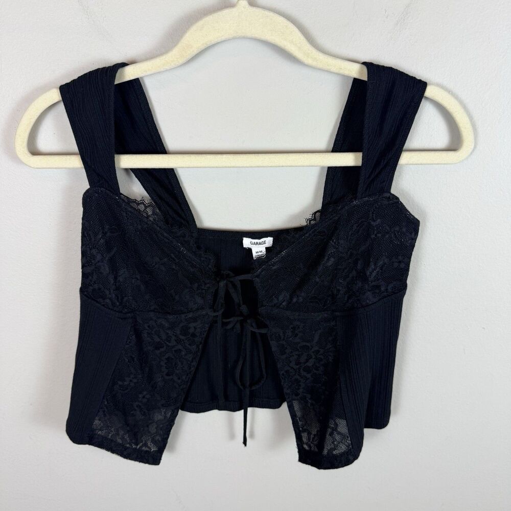 Women’s Garage Top Laced Front Black Med Cropped Tank Tie Front Babydoll Goth